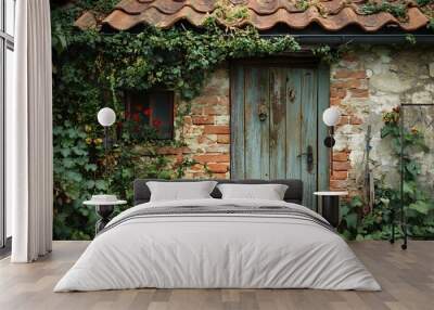 Overgrown Brick Wall with Weathered Wooden Door and Window Wall mural