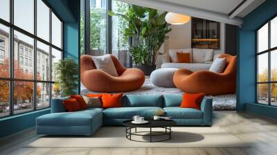 Two Orange Plush Armchairs in a Modern Living Room Wall mural