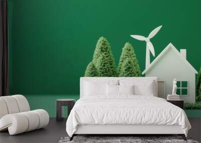 A serene home surrounded by lush greenery and wind turbines, symbolizing eco-friendly living and sustainable energy. Wall mural