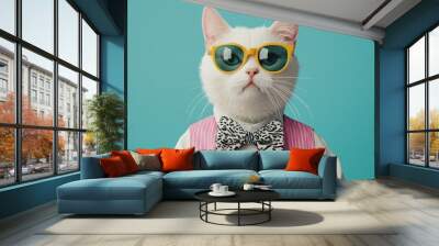 A stylish cat wearing sunglasses and a bow tie, posing confidently against a bright teal background. Wall mural