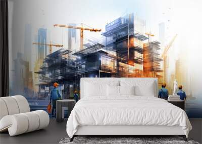 construction site, workers at work illustration. Wall mural