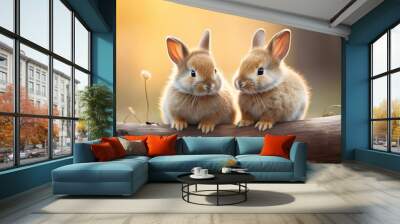 Cute rabbits sit on the wood cut out transparent isolated on white background ,PNG file ,artwork graphic design illustration. Wall mural