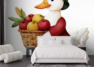 Duck holding a basket of fresh fruit. Wall mural