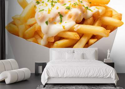 Fries potato in white foam box with melted cheese  illustration PNG element cut out transparent isolated on white background ,PNG file ,artwork graphic design. Wall mural