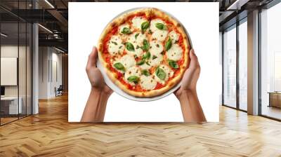 Hands holding Margherita Pizza cut out transparent isolated on white background ,PNG file. Wall mural