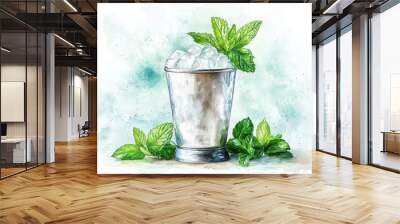 Mint Julep in Frosted Silver Cup, showcasing fresh mint garnish, set against a Kentucky Derby-themed backdrop, vibrant colors, airbrushed watercolor style Wall mural