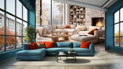 Modern Living Room with Fireplace and Large Windows: Cozy living space with a fireplace, large windows, and a modern sectional sofa, creating a warm and inviting atmosphere for relaxation and enjoymen Wall mural