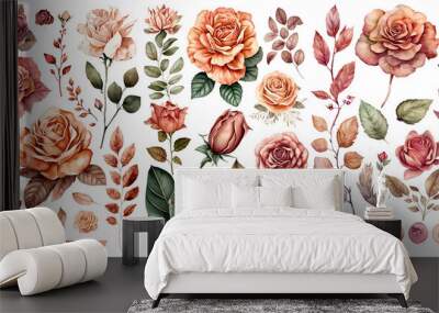 Set of Rose watercolor collection of hand drawn, Rose Peach color , Rose elegant watercolor illustration , Rose isolated transparent background, PNG. Wall mural