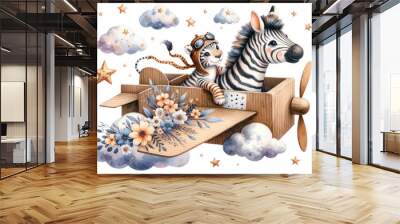 Watercolor animal Mama and Baby zebra Flying Clipart illustration cut out transparent isolated on white background ,PNG file Wall mural