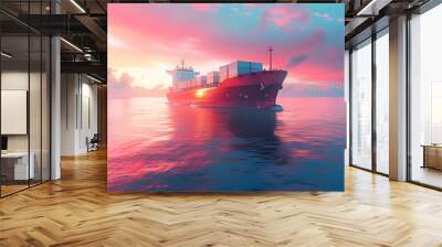 Holographic front large cargo ship, vessel in sea and sky on blue background. Logistics and warehouse technology tracking shipment delivery, Container port Global business import export transportation Wall mural