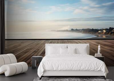 Landscape empty brown wooden floor or table blur background. Landscape from nature, creativity. Mountain covered with thick white sea ​​of ​​fog morning mist with sunlight in morning. Abstract Texture Wall mural