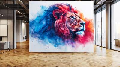 Leo Zodiac signs constellation. Realistic hand drawing and polygonal red, blue lion head watercolor illustration on white background. Magic card with Leo zodiac sign. Cultural and astrological belief. Wall mural