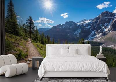 Amazing view of sunny touristic trail in the Rocky Mountains. The trail in mountains near Moraine lake in Canadian Rockies, Banff National Park, Canada. Wall mural