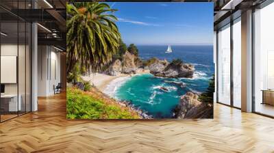 beautiful beach with palm trees and the white yacht on the horizon. julia pfeiffer beach, big sur. c Wall mural