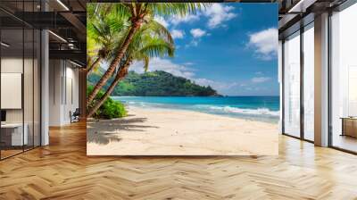 Beautiful beach with palms and turquoise sea in Jamaica island.  Wall mural