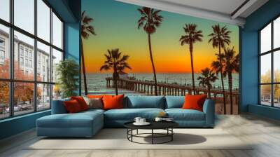 Palm trees at Manhattan Beach at sunset. Fashion travel and tropical beach concept.  Wall mural