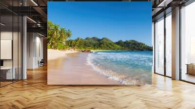 Panoramic view of paradise beach. Sunny beach with palms and turquoise sea.   Wall mural