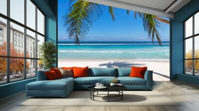 Paradise beach with white sand and coco palms. Summer vacation and tropical beach concept.   Wall mural