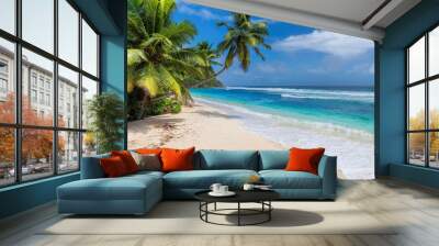 Paradise beach. Coconut palm trees on white sunny beach and Caribbean sea.  Summer vacation and tropical beach concept.   Wall mural