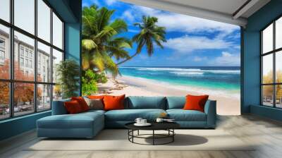 Paradise Sunny beach with palms and turquoise sea. Summer vacation and tropical beach concept. Wall mural