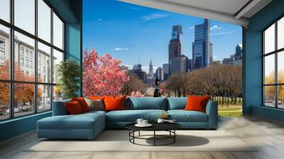 Philadelphia city skyline with spring flowers in spring sunny day, Philadelphia, Pennsylvania. Wall mural