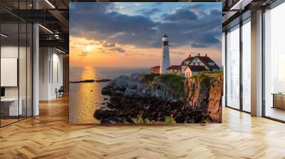 Portland Head Light at sunrise in Maine, New England, USA. Wall mural