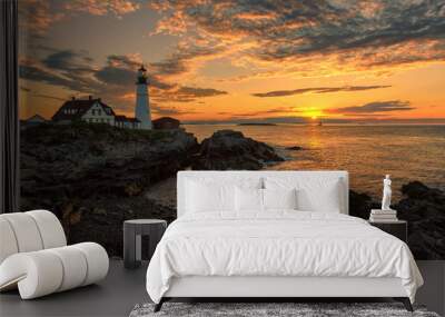 Portland Head Light at sunrise in Maine, New England. Wall mural