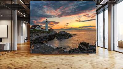 Portland Lighthouse at sunrise in New England, Maine, USA.    Wall mural