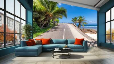 Road trip. Beach palms road in paradise island, Mahe, Seychelles Wall mural