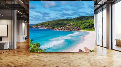 Sea view. Exotic sandy beach with beautiful rocks and turquoise sea in Paradise island.  Wall mural