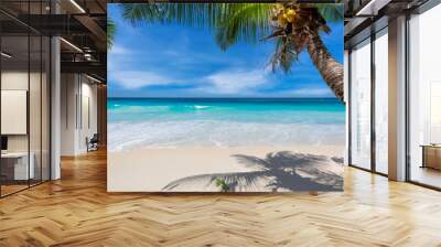 Tropical beach background. Sandy beach with palm and turquoise sea. Summer vacation and tropical beach concept.	 Summer vacation and tropical beach concept.	 Wall mural