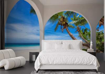 Tropical beach resort with palm trees, white sand and Caribbean sea. Summer vacation and tropical beach concept.	 Wall mural