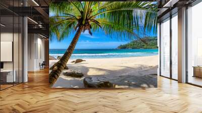 Tropical Beach. Sandy beach with palm and turquoise sea. Summer vacation and tropical beach concept. Wall mural