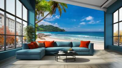 Tropical Sunny beach and coconut palms on Seychelles. Summer vacation and tropical beach concept. Wall mural