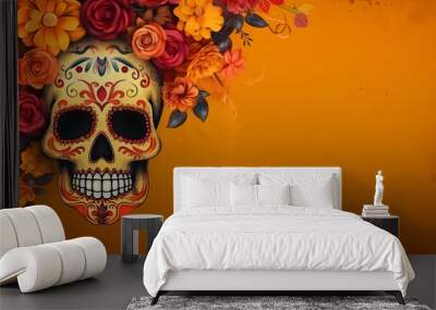 Dia De Los Muertos or Day of the Dead Celebration Banner background wtih sculls and yellow flowers. Not based on any actual person, scene or pattern. Wall mural