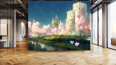 dreamy castles at sunny spring day with pink flowers in foreground, neural network generated art. Digitally generated image. Not based on any actual scene or pattern. Wall mural