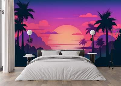 generic low-fi synthvawe gradient sunset landscape in neon colors. Neural network generated in May 2023. Not based on any actual person, scene or pattern. Wall mural