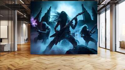 hellish rock musicians band with electric guitars in a rock world/ Digitally generated image. Not based on any actual person, scene or pattern. Wall mural