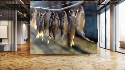 salted fish drying on a rope outside at sunny morning Wall mural