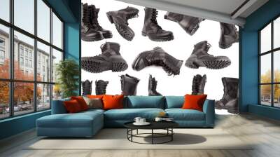 set of new black lightweight military boots isolated on white background, in different views  Wall mural