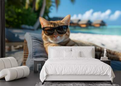 tabby cat with sunglasses laid on tropical beach, vacation theme. Neural network generated image. Not based on any actual person or scene. Wall mural