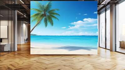 tropical beach view at sunny day with white sand, turquoise water and palm tree. Neural network generated image. Not based on any actual scene or pattern. Wall mural