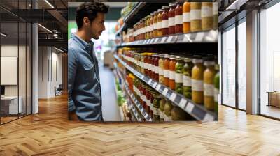 young adult Mexican man choosing a product in a grocery store. Neural network generated image. Not based on any actual person or scene. Wall mural