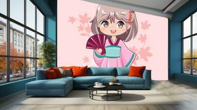 Cute cartoon little girl in anime style wearing a pink kimono on a pink background. Vector illustration design print for t-shirt Wall mural