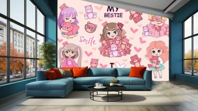 Cute collection with cartoon Funny Chibi little girl  in anime style with pink teddy bear toys. Kawaii style. Vector illustration t-shirt print Wall mural