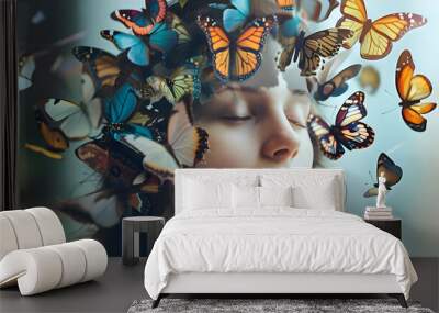 Portrait woman with closed eyes and butterflies around her head on a blue background. Mental health concept, generation ai Wall mural