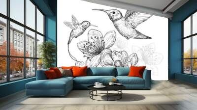 Sketch with hummingbirds and beautiful flowers on a white background Wall mural