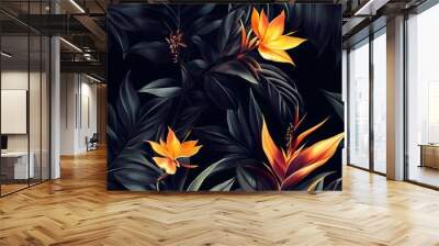 Orange Tropical Flowers and Dark Green Foliage Wall mural