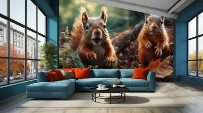 two red squirrels in shock, sitting on the grass, autumnal scenery Wall mural