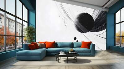 Abstract Black and White Ink Illustration with Planets and Lines Wall mural